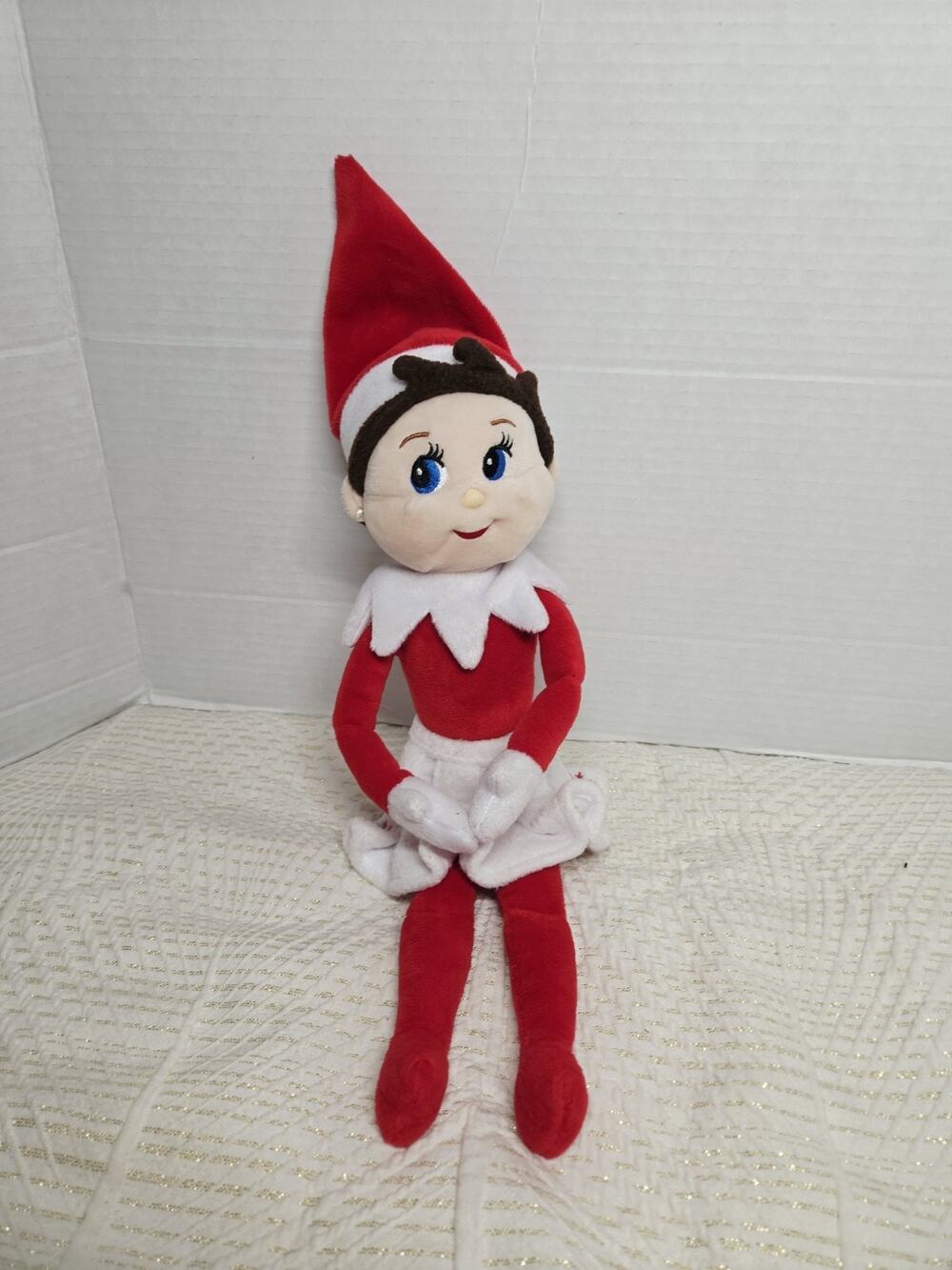 Girl Elf In Shelf Naughty Christmas Plush Blue Eyes Skirt Holiday 14" Vtg Decor